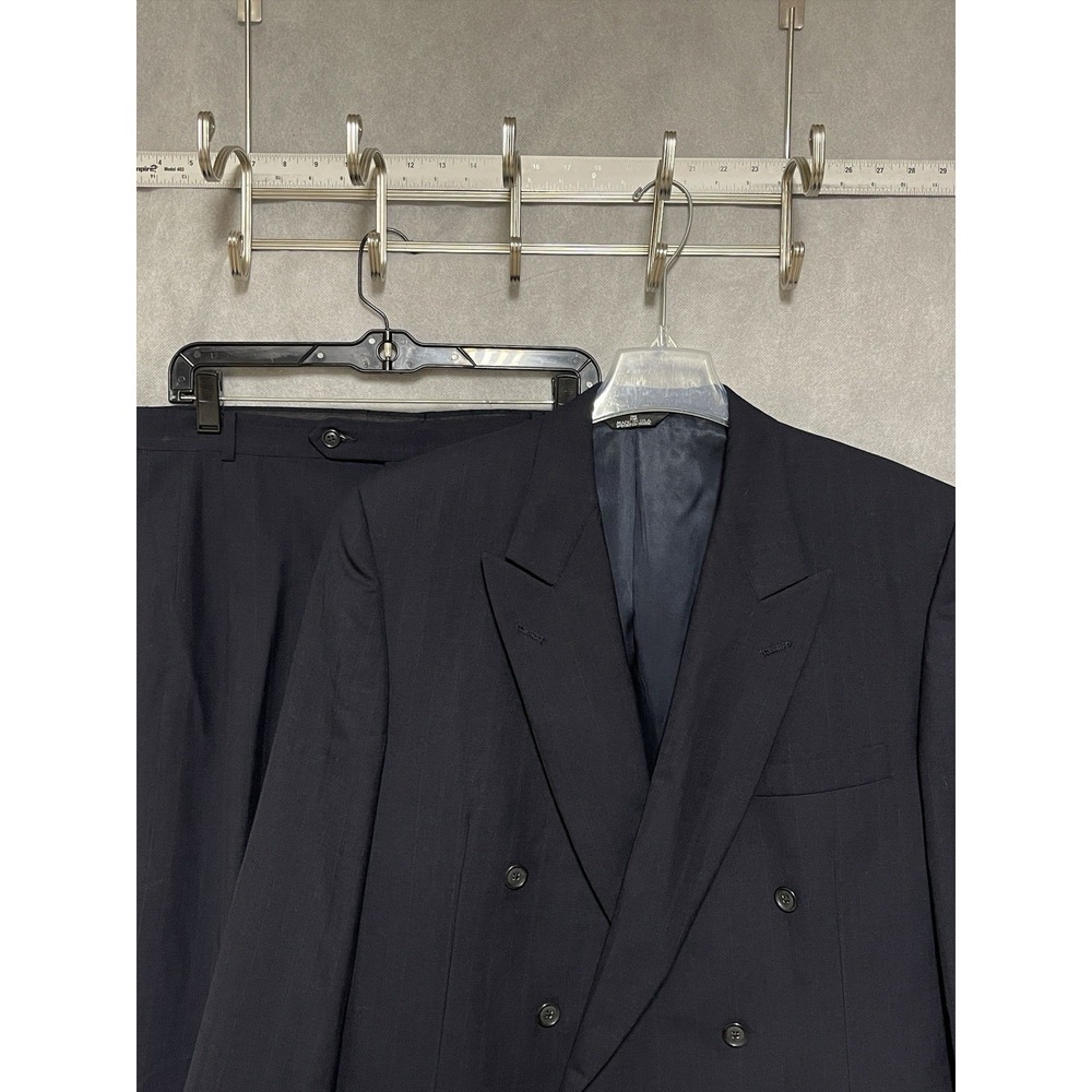 Perry Ellis Suit Men 42R Navy Striped Double Breasted Wool 36x32 Pants Luxury